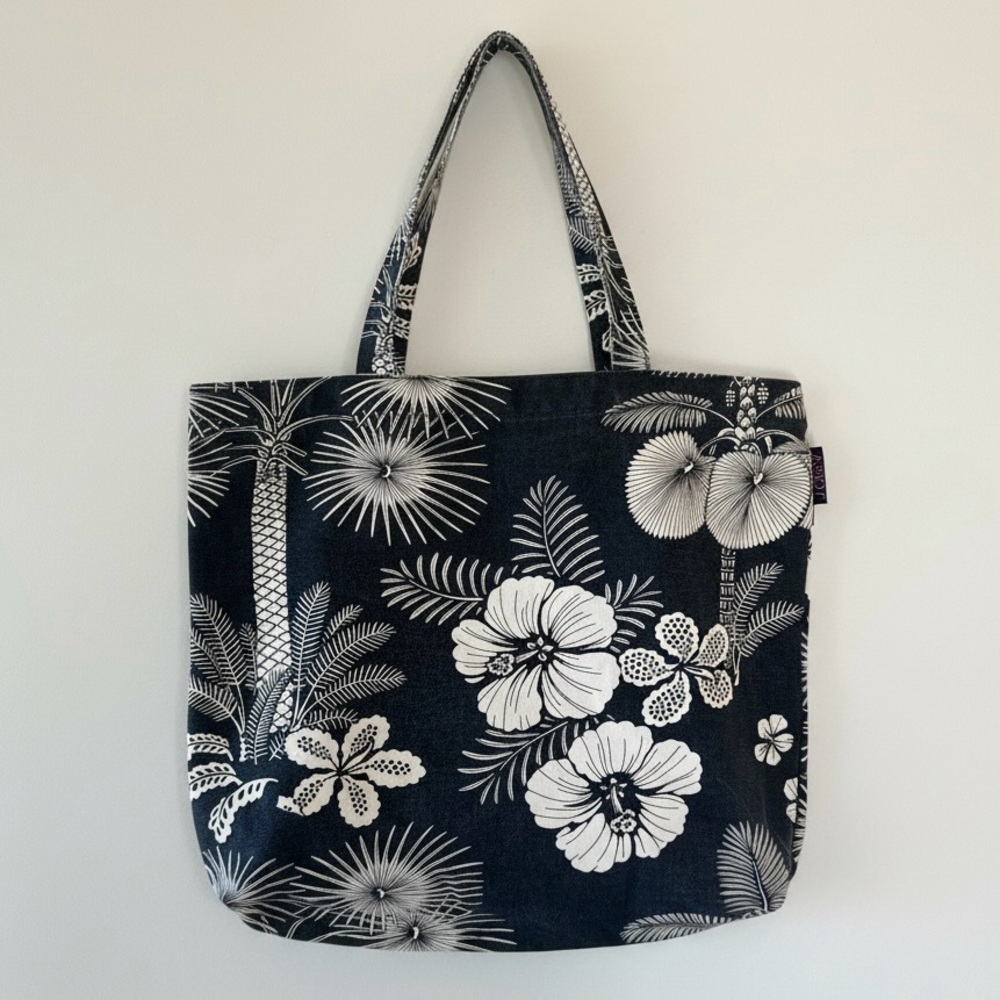 J.Crew Tropical Floral Cotton Canvas Tote Bag Black Cream Shopper Reusable